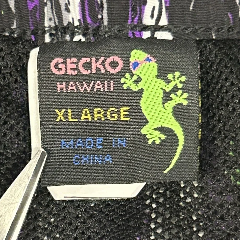 Gecko Hawaii Swim Trunks Mens XL Mesh Lined Shorts Black Purple Green Pockets